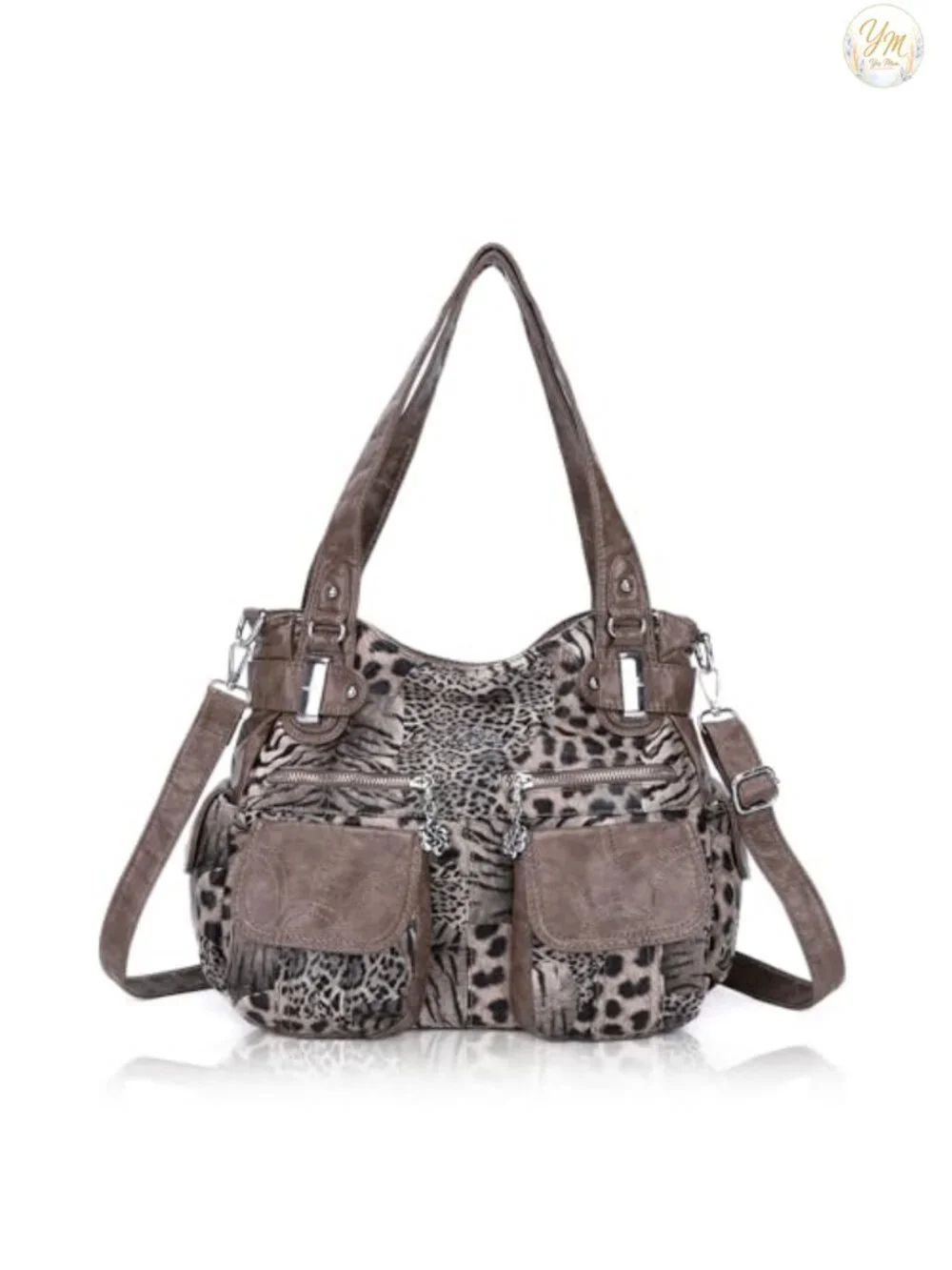 Washed PU Leather Tote Bag Large Multi Pocket Double Zipper Shoulder Crossbody